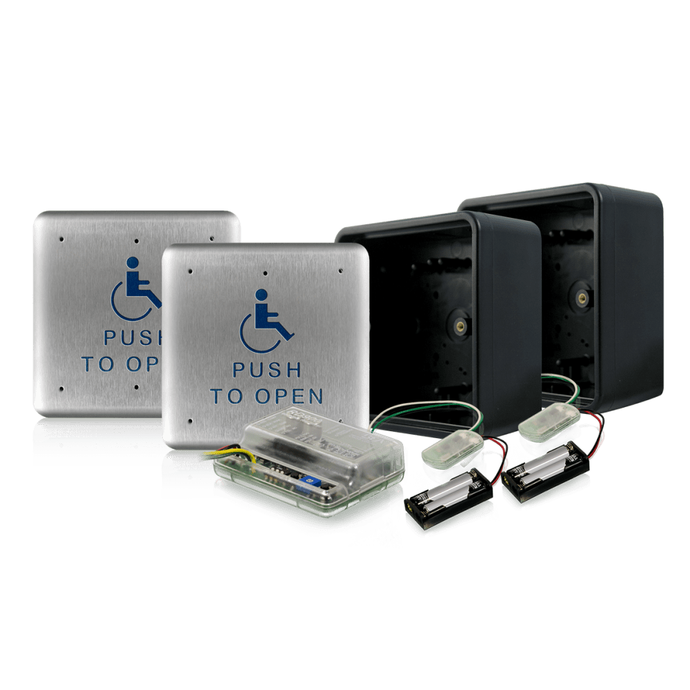 BEA PUSH PLATE 475S-900 (2) PBS1 - Square Push Plates, (2) 10BOX475SQSM - Surface Mount Boxes, (2) 10TD900PB - 900 MHZ Transmitter, (1) 10RD900 - 900 MHZ Receiver