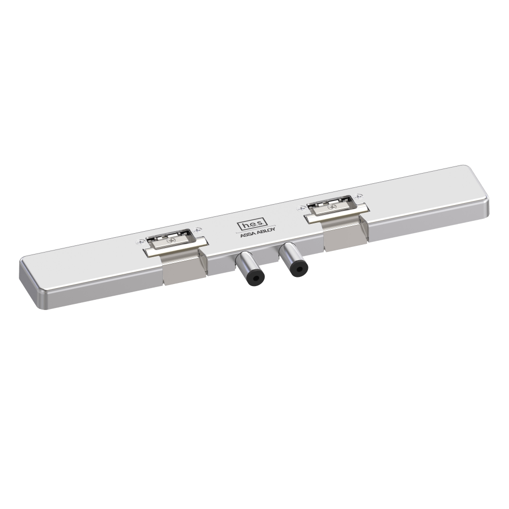 HES 9200N-629 Grade 1 Field Selectable (Safe/Secure) 12/24VDC Electric Strike for Glass Double Doors with Vertical Rods, 4-5/8" Centered Keeper Spacing, Bright Stainless Steel Finish