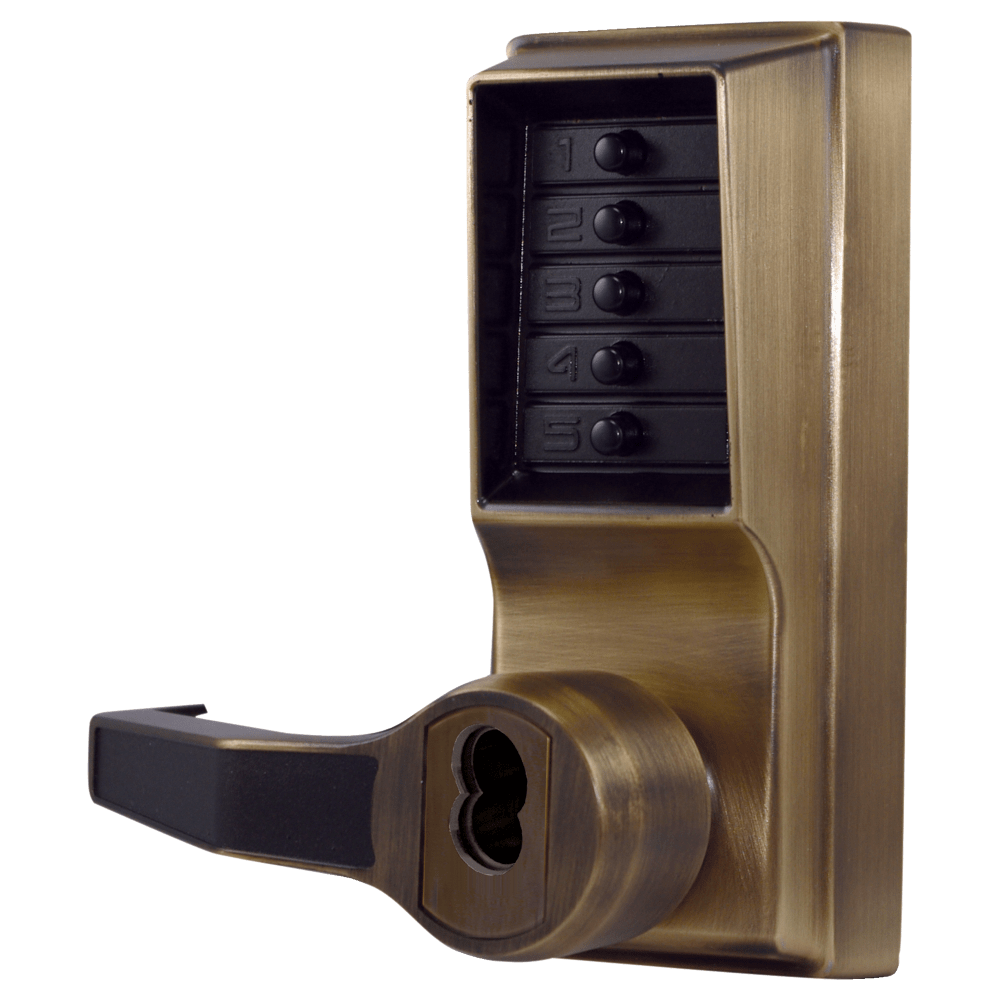 DormaKaba LL1041B-05-41 Pushbutton Cylindrical Lever Lock, Combination Entry/Passage Functions with Key Override, 2-3/4" Backset, 1/2" Throw Latch, 6/7-Pin SFIC Prep, Less Core, Antique Brass Finish, Left Hand/Left Hand Reverse