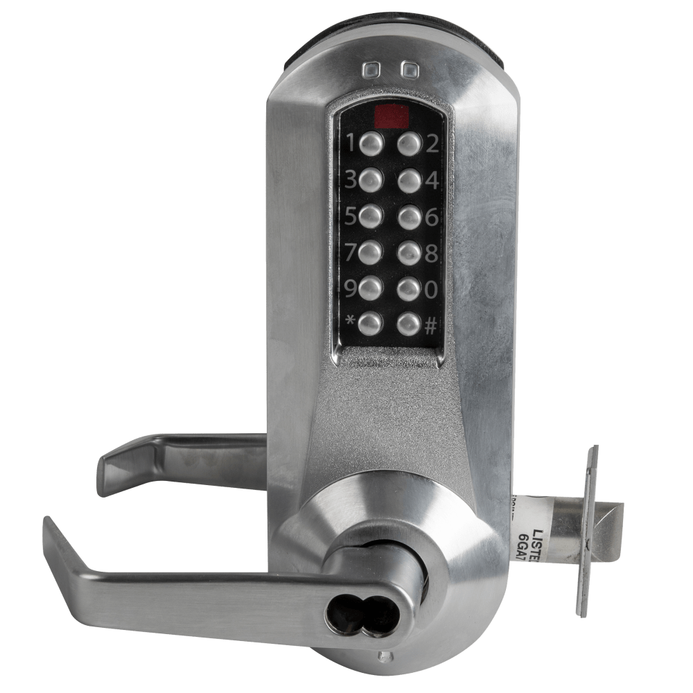 DormaKaba E5051BWL-RU-626-41 E-Plex 5000 Cylindrical Lock with Privacy, Winston Lever, 100 Access Codes, 3,000 Audit Events, 6/7-Pin SFIC Prep, Less Core, 2-3/4" Backset, 1/2" Throw, Remote Unlock, Satin Chrome