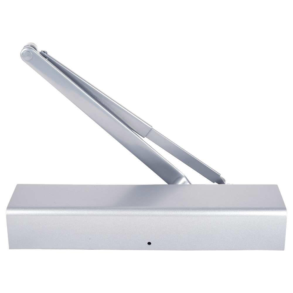 Norton 8501DA 689 Grade 1 Tri Mount Door Closer, Push or Pull Side, Regular, Adjustable Size 1 to 6, Delayed Action, Plastic Cover, Aluminum Painted Finish, Non-Handed