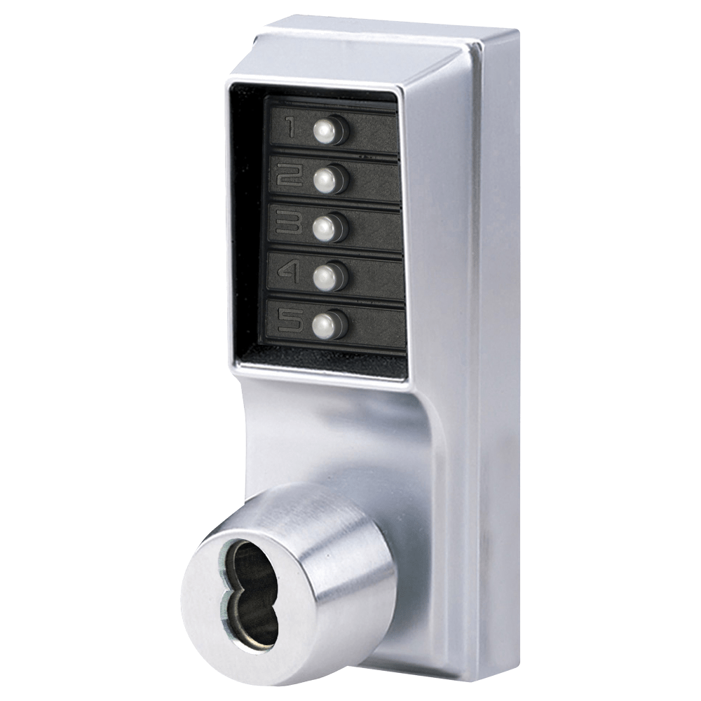 DormaKaba 1021R-26D-41 Grade 1 Pushbutton Cylindrical Knob Lock, Combination Entry Function with Key Override, 2-3/4" Backset, 1/2" Throw Latch, Sargent LFIC Prep, Less Core, Satin Chrome Finish, Field Reversible