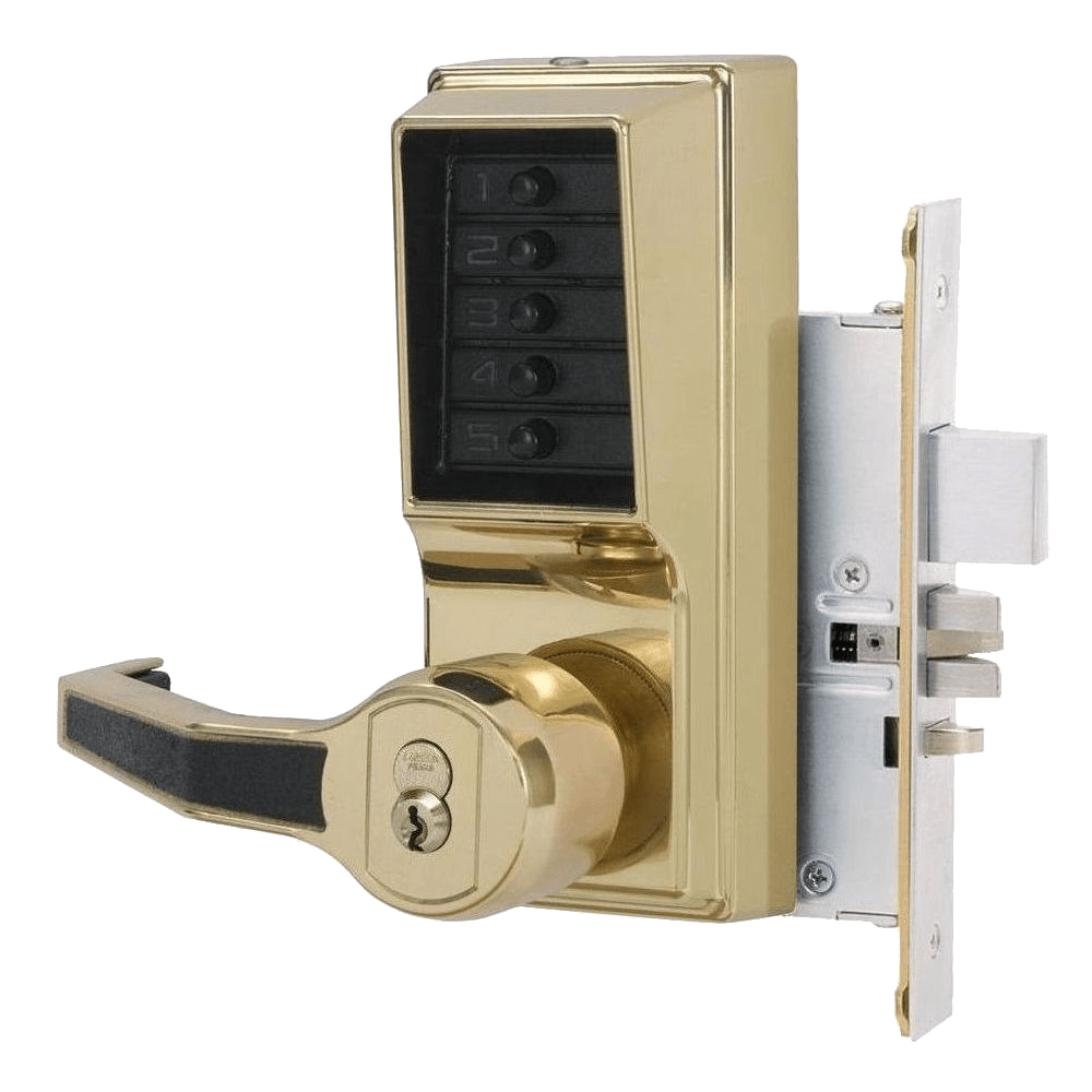 DormaKaba L8148M-03-41 Mortise Combination Lever Lock, Key Override, Passage, Lockout, with Deadbolt, Medeco/Yale/ASSA/Abloy LFIC Prep, Less Core, Bright Brass
