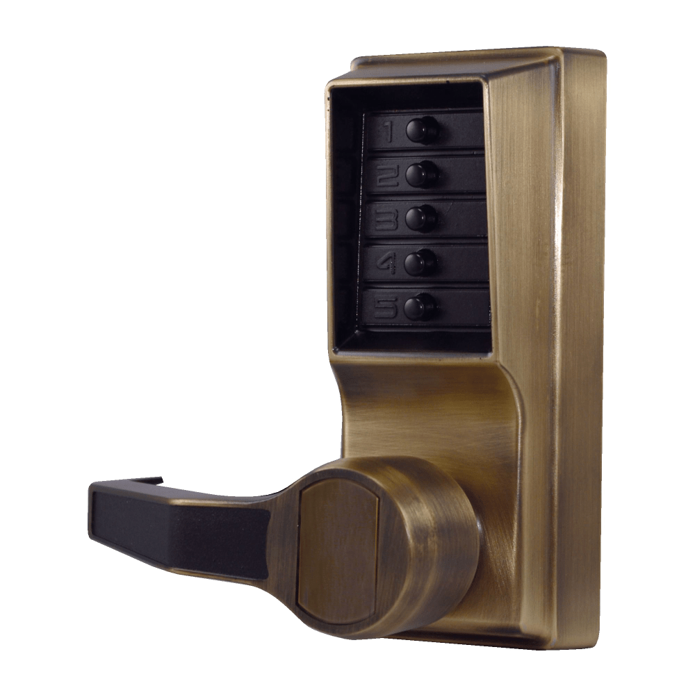 DormaKaba LL1011-05-41 Pushbutton Cylindrical Lever Lock, Combination Entry Function Only, 2-3/4" Backset, 1/2" Throw Latch, Antique Brass Finish, Left Hand/Left Hand Reverse
