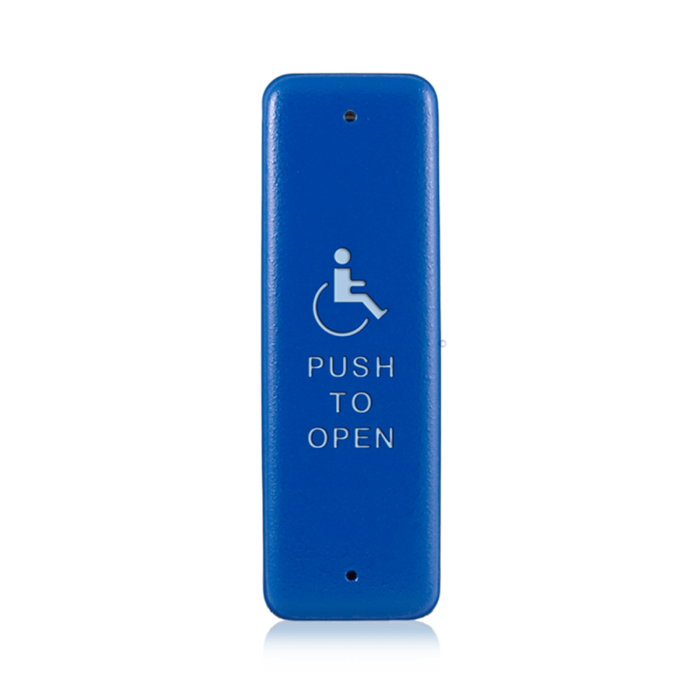BEA 10PBJ1B Jamb Plate, Push to Open Text and Handicap Logo, Blue Faceplate With White Print