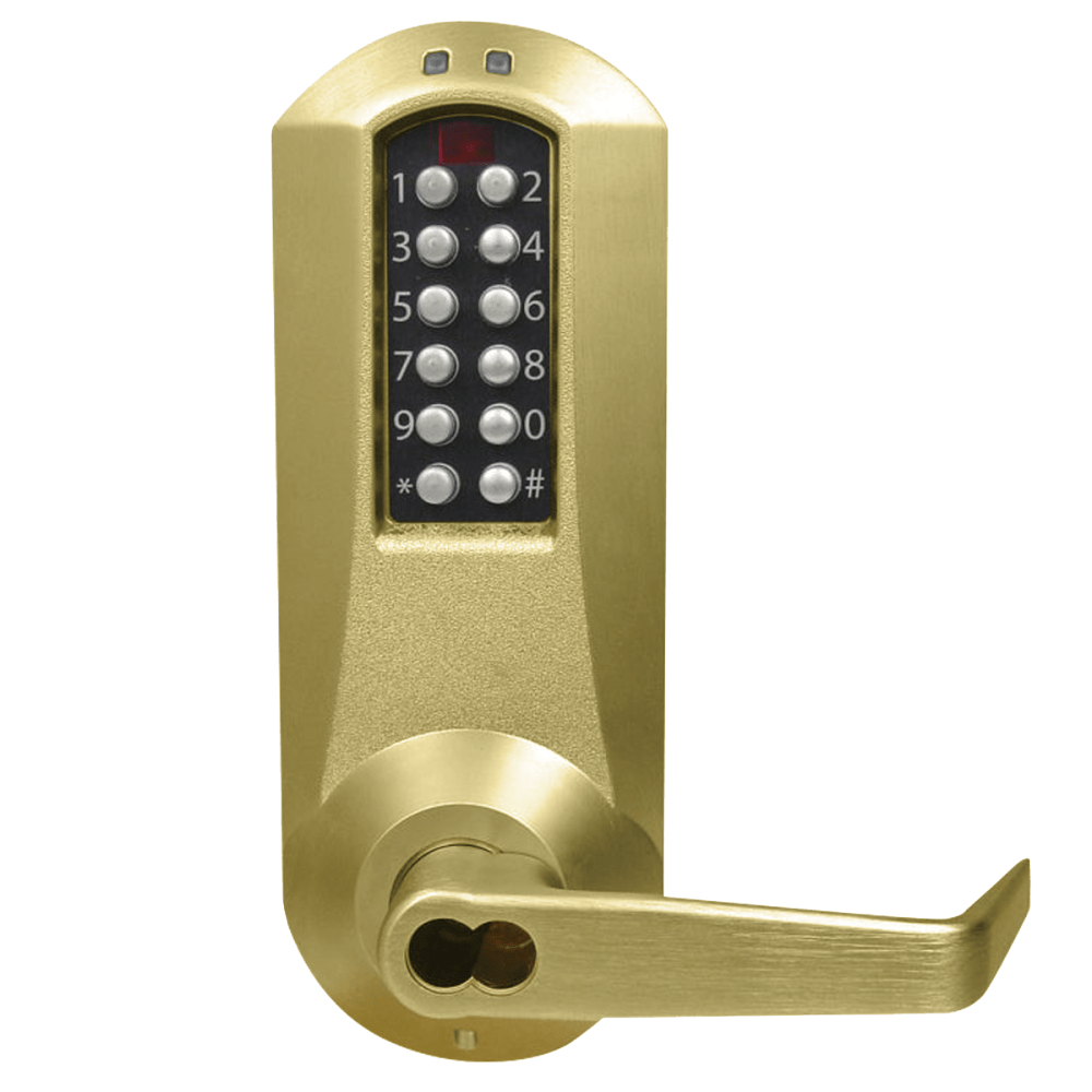 DormaKaba E5067SWL-606-41 E-Plex 5000 Mortise Lock with Deadbolt, Winston Lever, 100 Access Codes, 3,000 Audit Events, Schlage FSIC Prep, Less Core, Satin Brass
