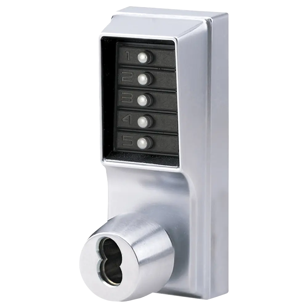 DormaKaba 1021S-26D-41 Grade 1 Pushbutton Cylindrical Knob Lock, Combination Entry Function with Key Override, 2-3/4" Backset, 1/2" Throw Latch, Schlage FSIC Prep, Less Core, Satin Chrome Finish, Field Reversible