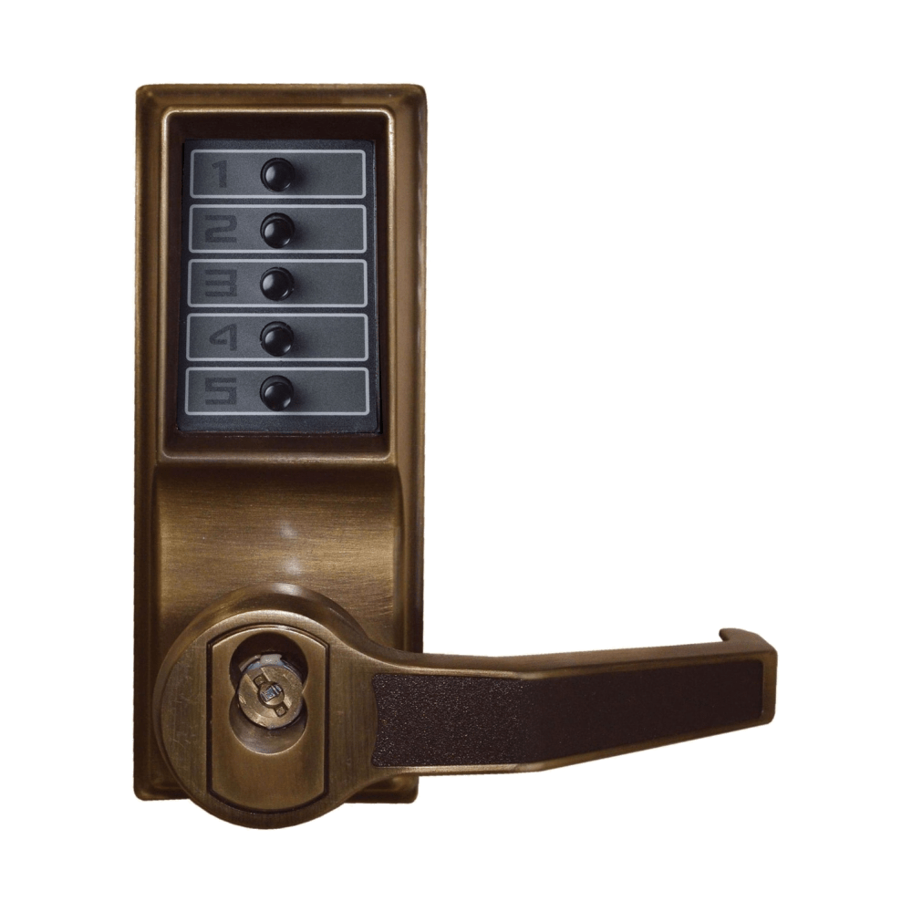 DormaKaba LR1022C-05-41 Pushbutton Cylindrical Lever Lock, Combination Entry Function with Key Override, 2-3/8" Backset, 1/2" Throw Latch, Corbin Russwin 6-Pin LFIC Prep, Less Core, Antique Brass Finish, Right Hand/Right Hand Reverse