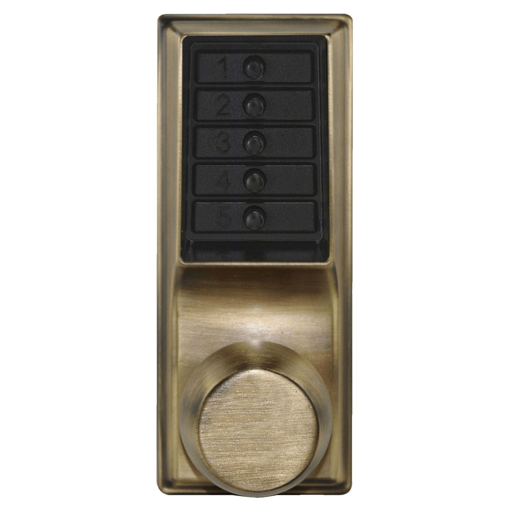 DormaKaba 1012-05-41 Grade 1 Pushbutton Cylindrical Knob Lock, Combination Entry Function Only, 2-3/8" Backset, 1/2" Throw Latch, Antique Brass Finish, Field Reversible
