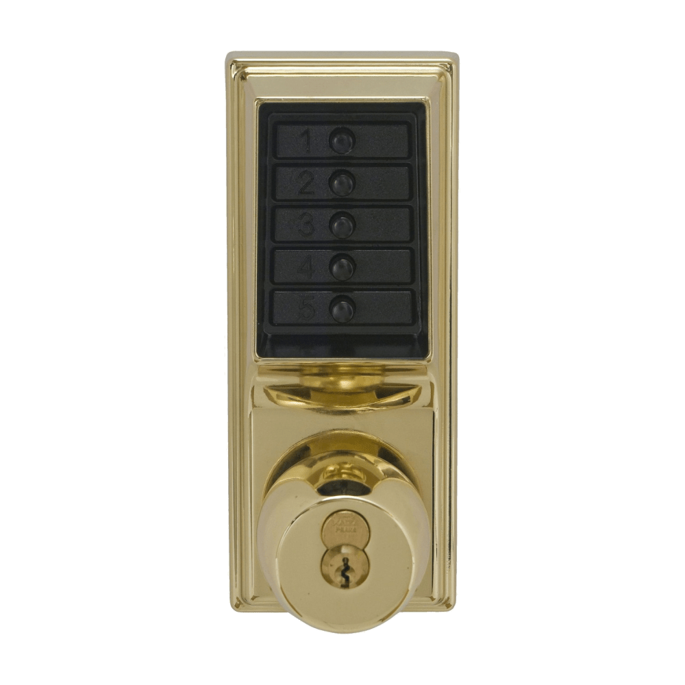 DormaKaba 1041M-03-41 Grade 1 Pushbutton Cylindrical Knob Lock, Combination Entry/Passage Functions with Key Override, 2-3/4" Backset, 1/2" Throw Latch, Medeco/Yale/ASSA/Abloy LFIC Prep, Less Core, Bright Brass Finish, Field Reversible