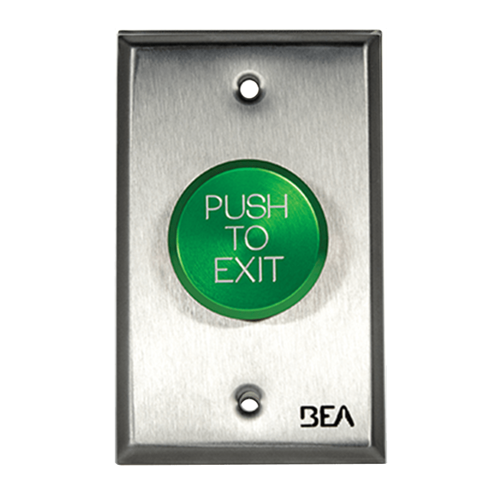 BEA 10ACPBDA12 Pneumatic Push Button, Single gang plate, oversized 1 5/8" Green button, "Push to Exit" text, 2.5 AMP 12 to 24 V AC/DC