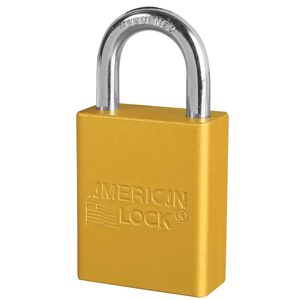 American Lock A1105YLW Yellow Anodized Aluminum Safety Padlock, 1-1/2" Body, 1" Tall 1/4" Diameter Shackle, Keyed Different