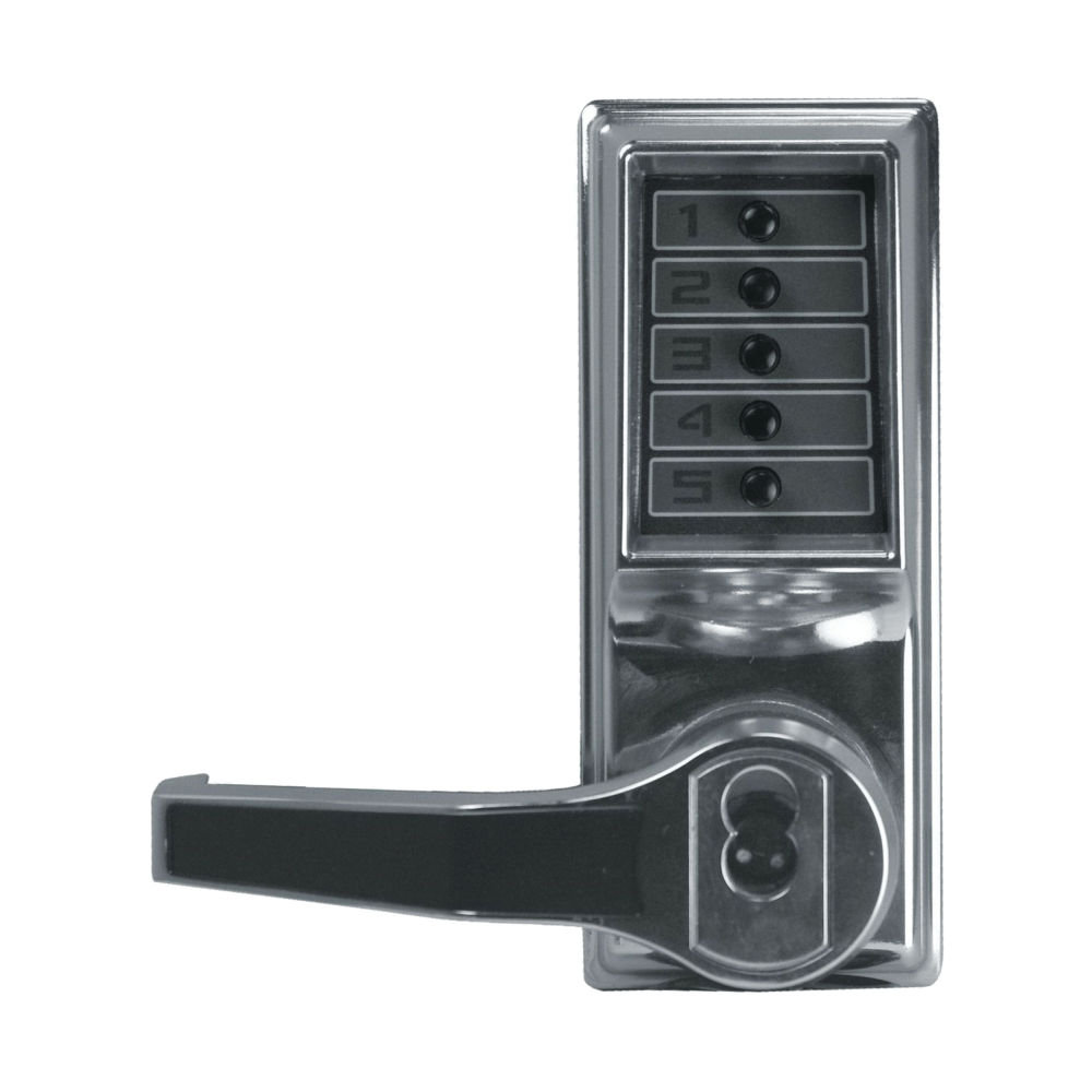 DormaKaba LL1021C-026-41 Pushbutton Cylindrical Lever Lock, Combination Entry Function with Key Override, 2-3/4" Backset, 1/2" Throw Latch, Corbin Russwin 6-Pin LFIC Prep, Less Core, Bright Chrome Finish, Left Hand/Left Hand Reverse