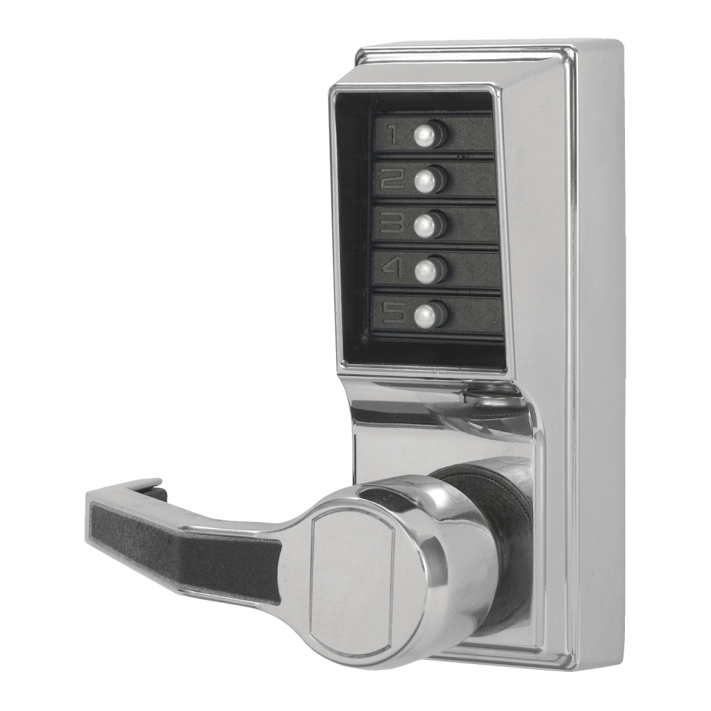 DormaKaba LL1012-026-41 Pushbutton Cylindrical Lever Lock, Combination Entry Function Only, 2-3/8" Backset, 1/2" Throw Latch, Bright Chrome Finish, Left Hand/Left Hand Reverse