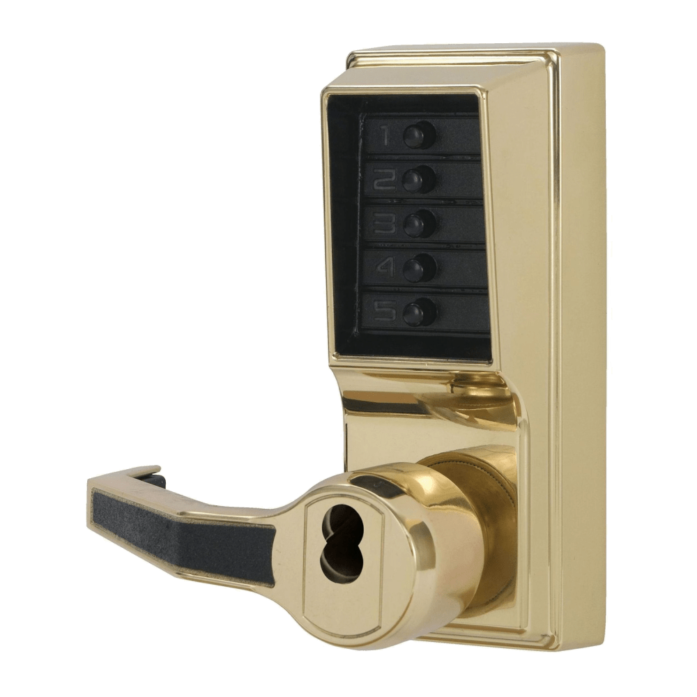 DormaKaba LL1021M-03-41 Pushbutton Cylindrical Lever Lock, Combination Entry Function with Key Override, 2-3/4" Backset, 1/2" Throw Latch, Medeco/Yale/ASSA/Abloy LFIC Prep, Less Core, Bright Brass Finish, Left Hand/Left Hand Reverse