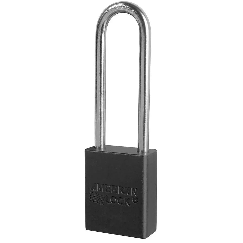 American Lock A1107BLK Black Anodized Aluminum Safety Padlock, 1-1/2" Body, 3" Tall 1/4" Diameter Shackle, Keyed Different