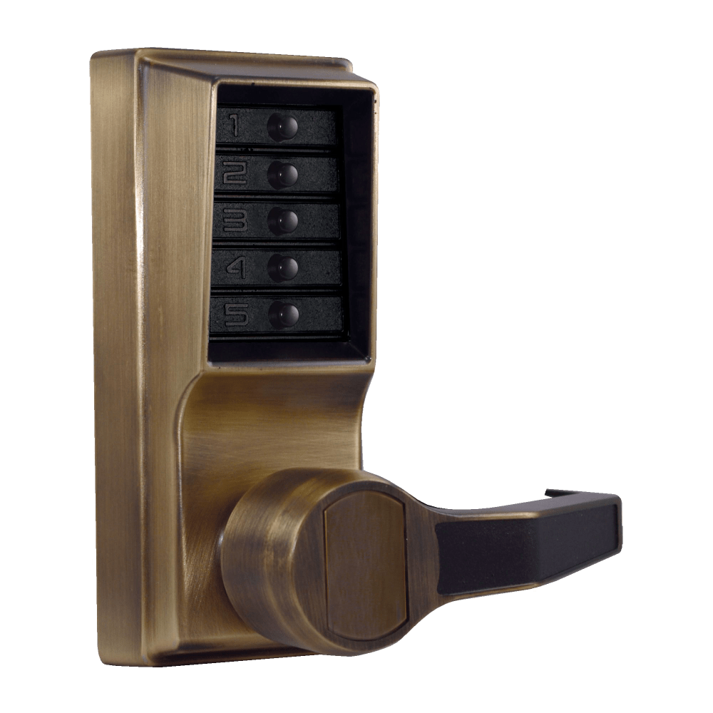 DormaKaba LR1011-05-41 Pushbutton Cylindrical Lever Lock, Combination Entry Function Only, 2-3/4" Backset, 1/2" Throw Latch, Antique Brass Finish, Right Hand/Right Hand Reverse