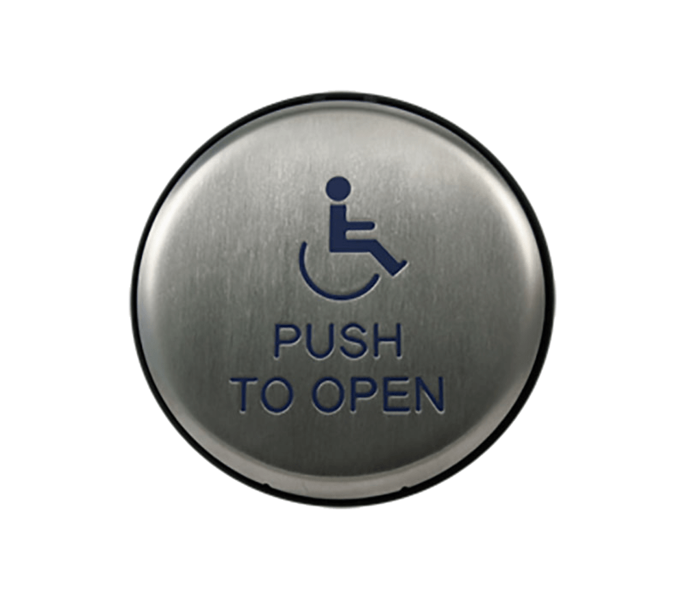 BEA 10EMR4751 Panther Push Plate, 4.75 In. Round Slim Profile, Blue Handicap Logo and Blue "Push to Open" Text, 433 MHz Transmitter integrated, Powered x 12V A23 Battery