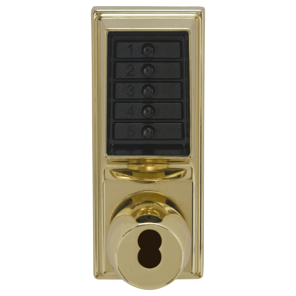 DormaKaba 1021S-03-41 Grade 1 Pushbutton Cylindrical Knob Lock, Combination Entry Function with Key Override, 2-3/4" Backset, 1/2" Throw Latch, Schlage FSIC Prep, Less Core, Bright Brass Finish, Field Reversible