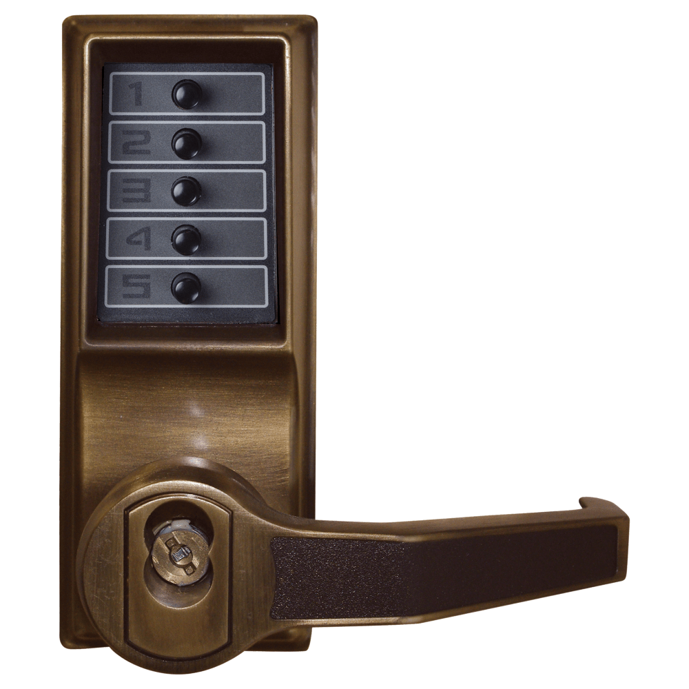DormaKaba LR1021S-05-41 Pushbutton Cylindrical Lever Lock, Combination Entry Function with Key Override, 2-3/4" Backset, 1/2" Throw Latch, Schlage FSIC Prep, Less Core, Antique Brass Finish, Right Hand/Right Hand Reverse