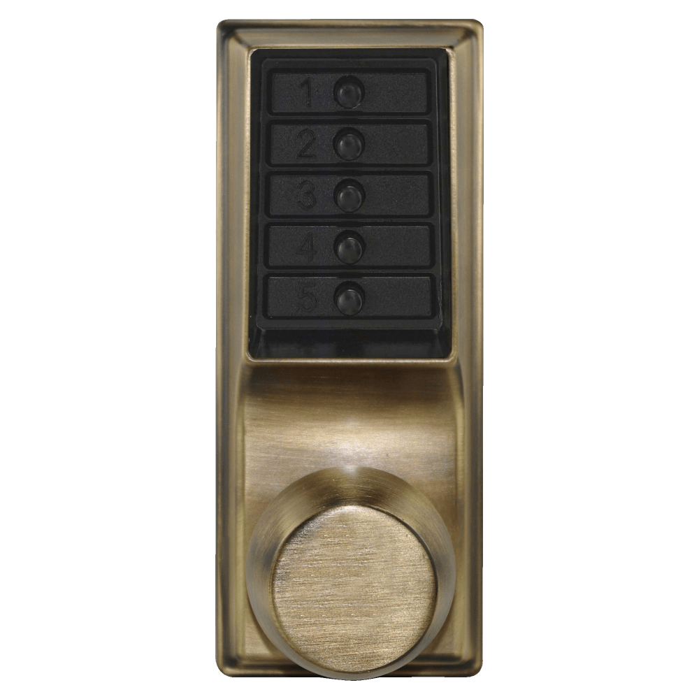 DormaKaba 1011-05-41 Grade 1 Pushbutton Cylindrical Knob Lock, Combination Entry Function Only, 2-3/4" Backset, 1/2" Throw Latch, Antique Brass Finish, Field Reversible