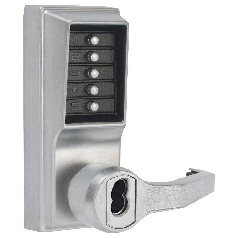 DormaKaba LR1076R-26D-41 Pushbutton Cylindrical Lever Lock, Combination Entry/Privacy Lockout Function with Key Override, 2-3/4" Backset, 3/4" Throw Latch, Sargent LFIC Prep, Less Core, Satin Chrome Finish, Right Hand/Right Hand Reverse