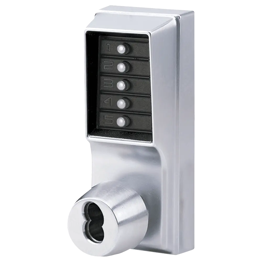 DormaKaba 1041B-26D-41 Grade 1 Pushbutton Cylindrical Knob Lock, Combination Entry/Passage Functions with Key Override, 2-3/4" Backset, 1/2" Throw Latch, 6/7-Pin SFIC Prep, Less Core, Satin Chrome Finish, Field Reversible