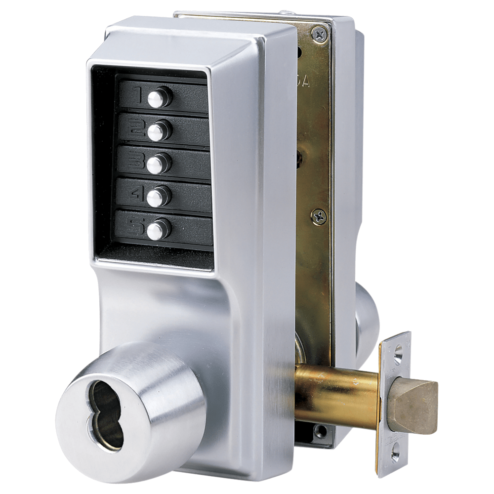 DormaKaba EE1021B/EE1011-26D-41 Cylindrical Knob Lock, Combination or Key Override Entry, Combination Exit Only, 2-3/4" Backset, 1/2" Throw Latch, Satin Chrome