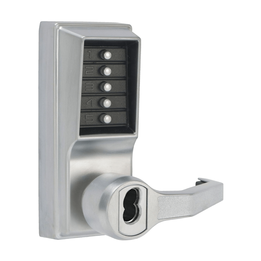 DormaKaba LR1022S-26D-41 Pushbutton Cylindrical Lever Lock, Combination Entry Function with Key Override, 2-3/8" Backset, 1/2" Throw Latch, Schlage FSIC Prep, Less Core, Satin Chrome Finish, Right Hand/Right Hand Reverse