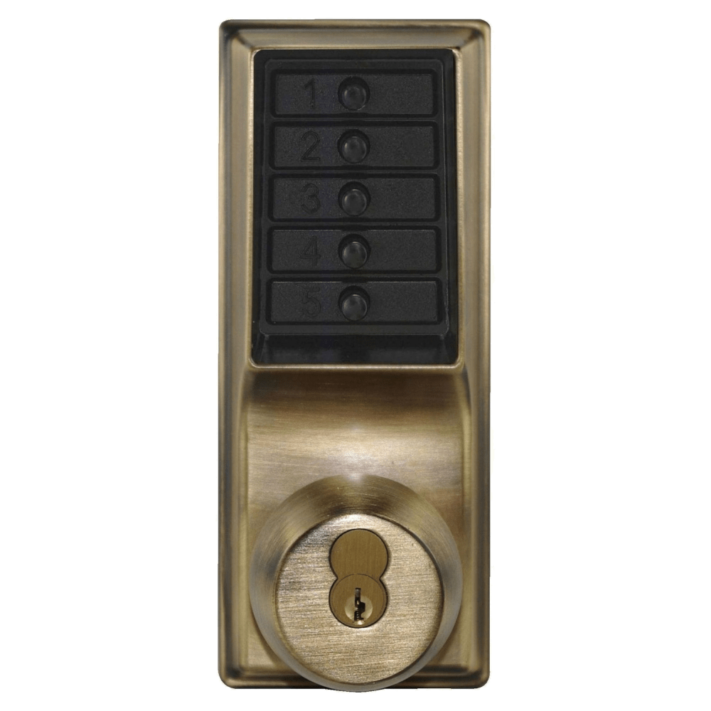 DormaKaba 1021C-05-41 Grade 1 Pushbutton Cylindrical Knob Lock, Combination Entry Function with Key Override, 2-3/4" Backset, 1/2" Throw Latch, Corbin Russwin 6-Pin LFIC Prep, Less Core, Antique Brass Finish, Field Reversible
