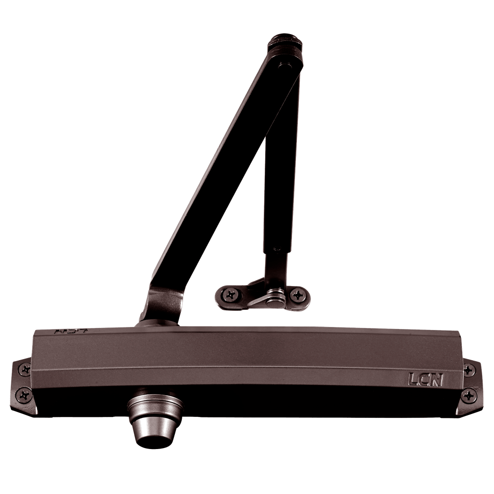 LCN 1450-HW/PA 695 Grade 1 Cast Aluminum Surface Mount Closer, Size 1-6 Adjustable, Friction Hold Open Double Lever Arm with Parallel Bracket, Non-Handed, Slim Plastic Cover, Dark Bronze Painted Finish