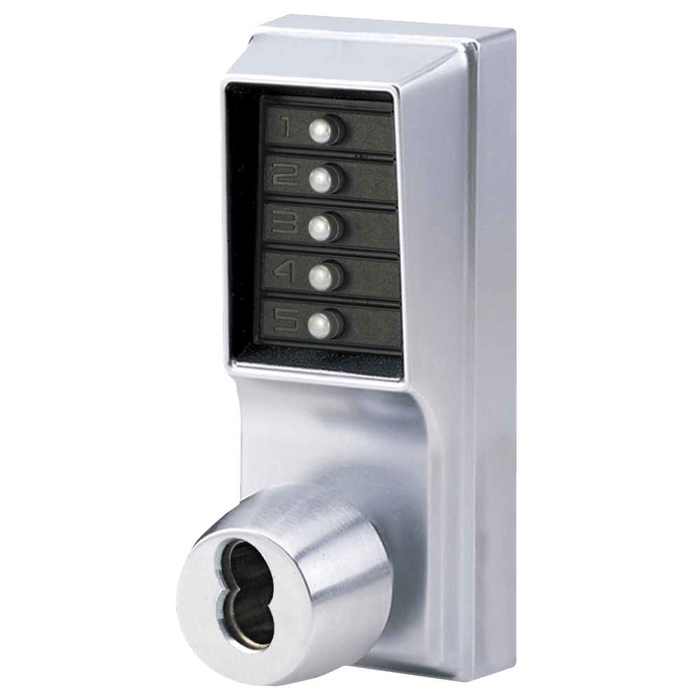 DormaKaba 1025M-26D-41 Grade 1 Pushbutton Cylindrical Knob Lock, Combination Entry Function with Key Override, 2-3/4" Backset, 3/4" Throw Latch, Medeco/Yale/ASSA/Abloy LFIC Prep, Less Core, Satin Chrome Finish, Field Reversible