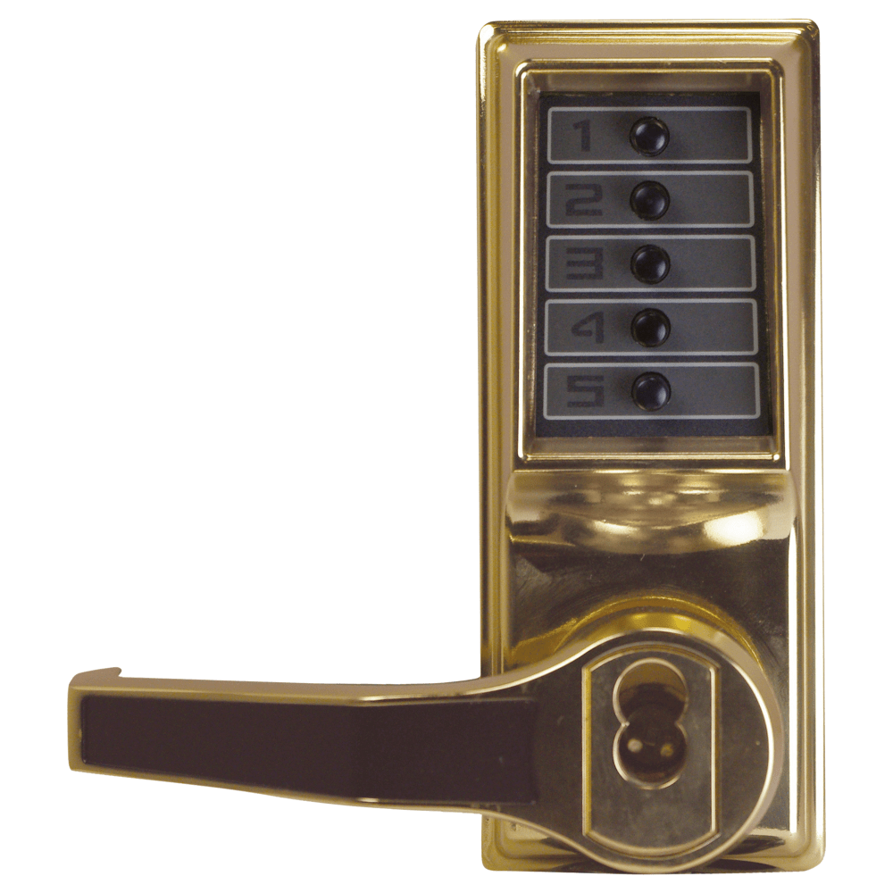 DormaKaba LL1021C-03-41 Pushbutton Cylindrical Lever Lock, Combination Entry Function with Key Override, 2-3/4" Backset, 1/2" Throw Latch, Corbin Russwin 6-Pin LFIC Prep, Less Core, Bright Brass Finish, Left Hand/Left Hand Reverse
