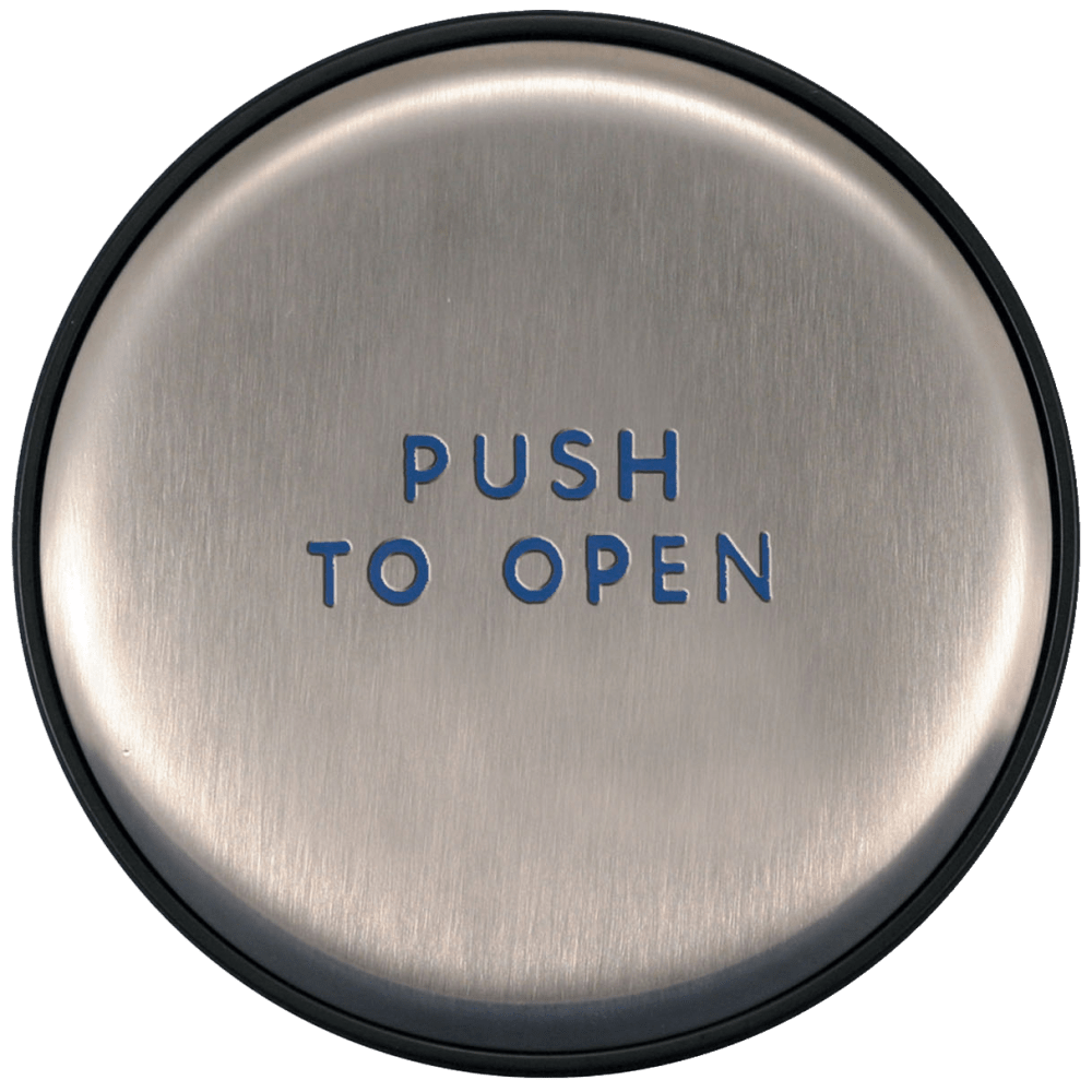 BEA 10EMR6 Panther plate, 6" round push plate, slim profile, blue "Push to Open" text
