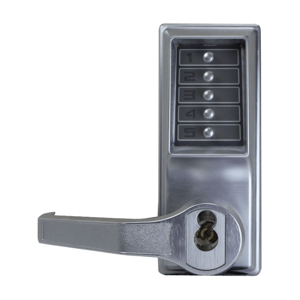 DormaKaba LL1025M-26D-41 Pushbutton Cylindrical Lever Lock, Combination Entry Function with Key Override, 2-3/4" Backset, 3/4" Throw Latch, Medeco/Yale/ASSA/Abloy LFIC Prep, Less Core, Satin Chrome Finish, Left Hand/Left Hand Reverse