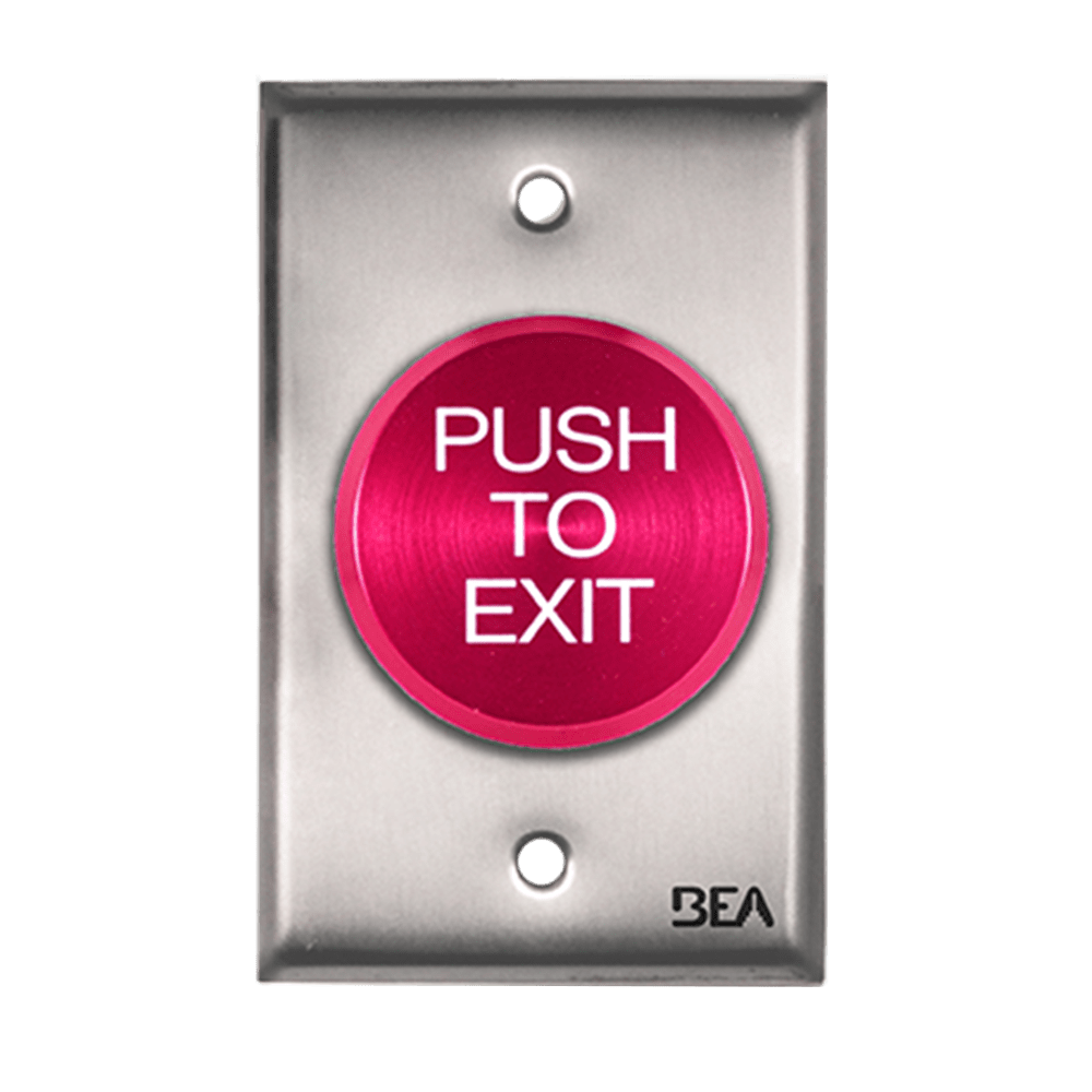 BEA 10ACPBDA2 Pneumatic Push Button, Single gang plate, oversized 2" Red button, "Push to Exit" text, 2.5 AMP 12 to 24 V AC/DC