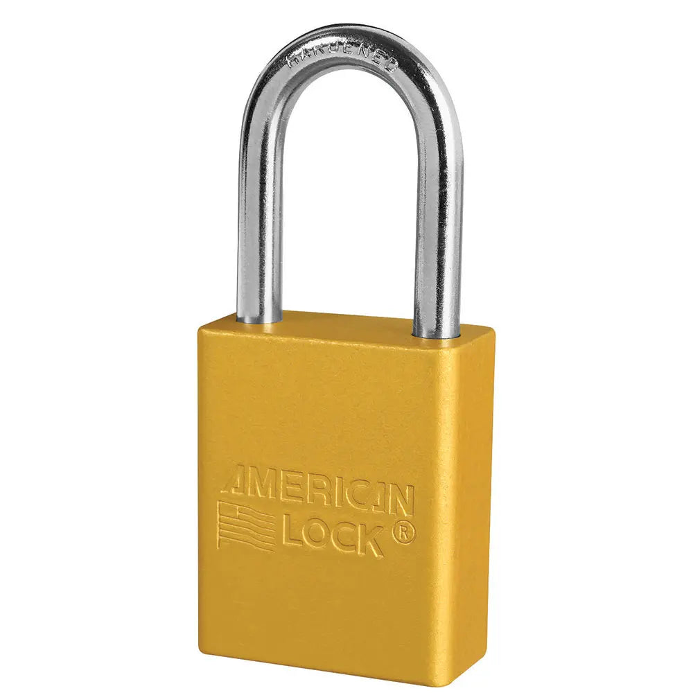 American Lock A1106YLW Yellow Anodized Aluminum Safety Padlock, 1-1/2" Body, 1-1/2" Tall 1/4" Diameter Shackle, Keyed Different