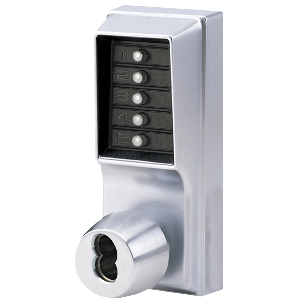 DormaKaba 1042S-26D-41 Grade 1 Pushbutton Cylindrical Knob Lock, Combination Entry/Passage Functions with Key Override, 2-3/8" Backset, 1/2" Throw Latch, Schlage FSIC Prep, Less Core, Satin Chrome Finish, Field Reversible