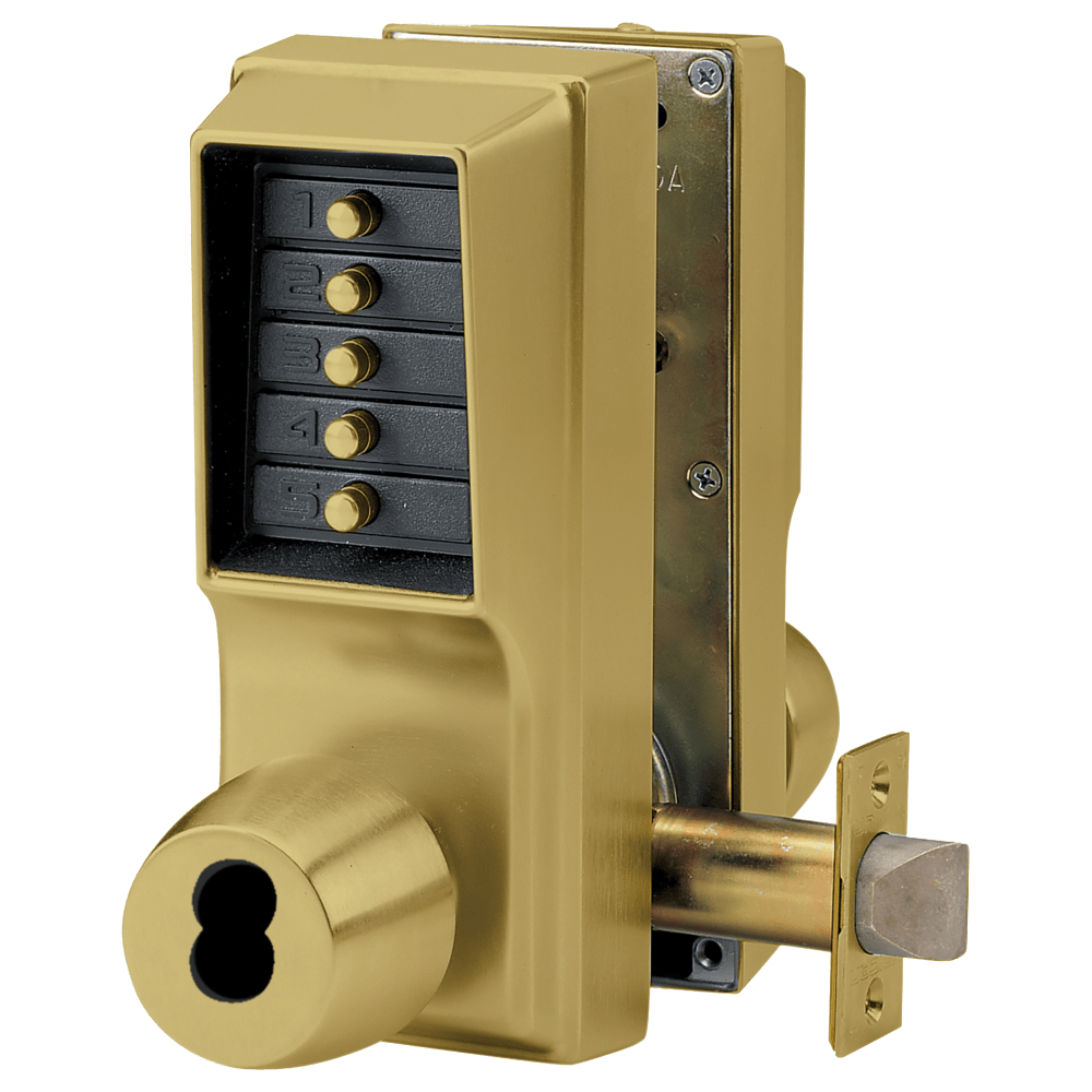 DormaKaba EE1021M/EE1021M-05-41 Cylindrical Knob Lock, Combination or Key Override Entry, Combination or Key Override Exit, 2-3/4" Backset, 1/2" Throw Latch, Medeco/Yale/ASSA/Abloy LFIC Prep, Less Core, Antique Brass