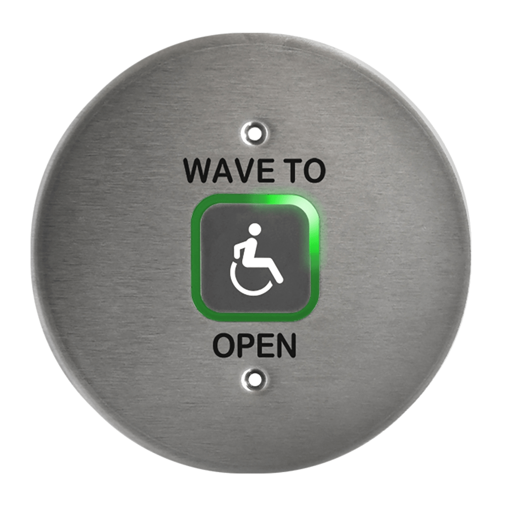 BEA 10MS41-RA Microwave Touchless Actuator, Round Plate, Text & Accessibility Logo, Adjustable 4 to 24 In, 12-24 VAC/DC, Stainless Steel