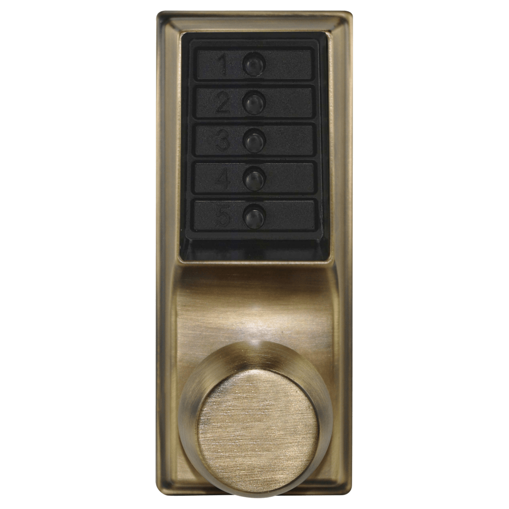 DormaKaba 1031-05-41 Grade 1 Pushbutton Cylindrical Knob Lock, Combination Entry/Passage Functions, 2-3/4" Backset, 1/2" Throw Latch, Antique Brass Finish, Field Reversible