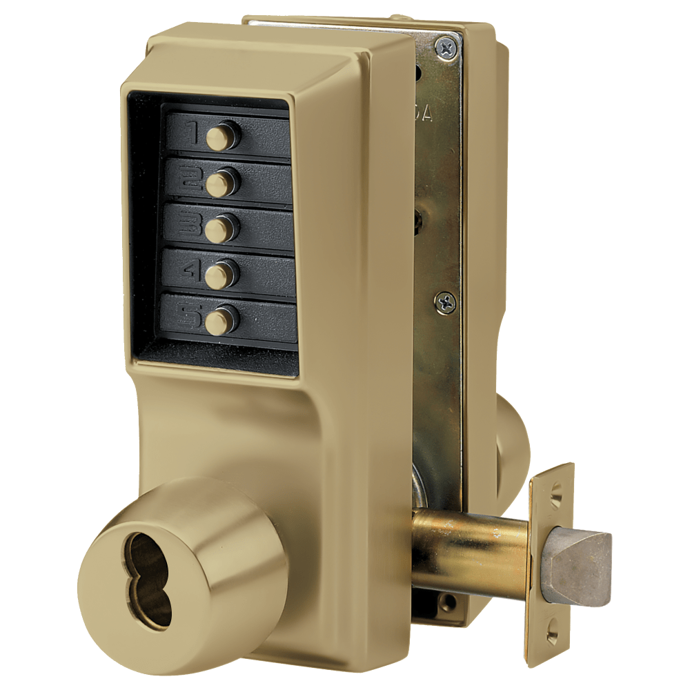 DormaKaba EE1021S/EE1011-05-41 Cylindrical Knob Lock, Combination or Key Override Entry, Combination Exit Only, 2-3/4" Backset, 1/2" Throw Latch, Antique Brass