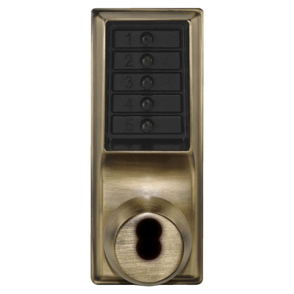 DormaKaba 1021B-05-41 Grade 1 Pushbutton Cylindrical Knob Lock, Combination Entry Function with Key Override, 2-3/4" Backset, 1/2" Throw Latch, 6/7-Pin SFIC Prep, Less Core, Antique Brass Finish, Field Reversible