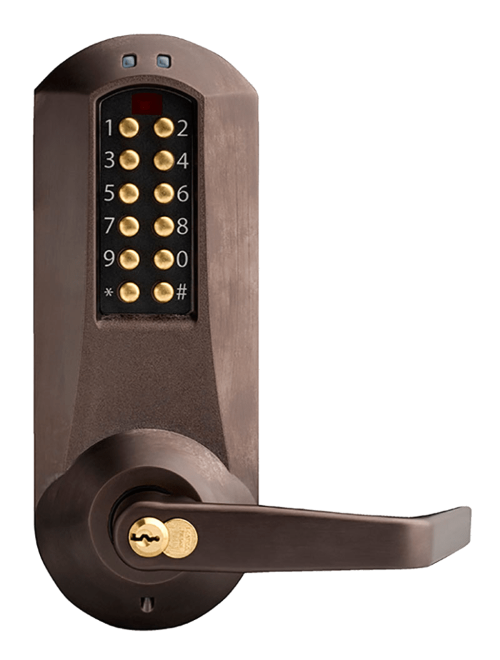 DormaKaba E5067CWL-744-41 E-Plex 5000 Mortise Lock with Deadbolt, Winston Lever, 100 Access Codes, 3,000 Audit Events, Corbin Russwin 6-Pin LFIC Prep, Less Core, Dark Bronze with Brass Accents