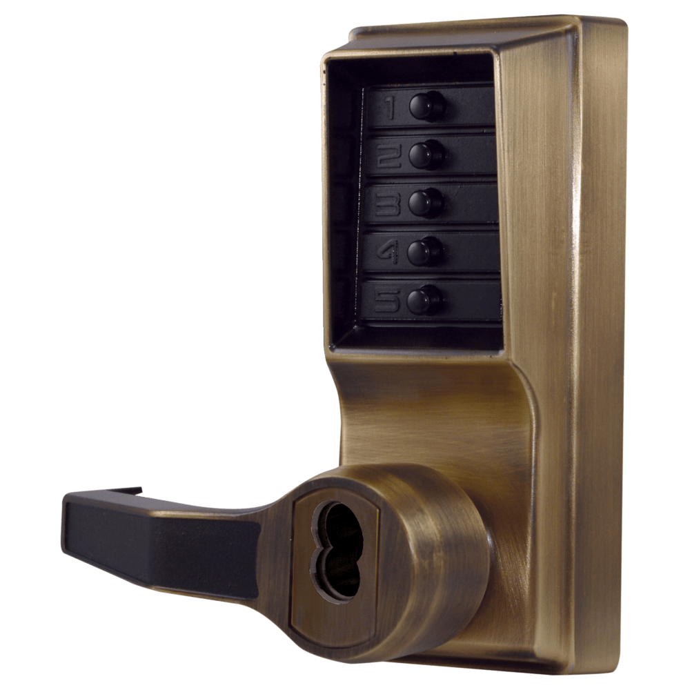 DormaKaba LL1021M-05-41 Pushbutton Cylindrical Lever Lock, Combination Entry Function with Key Override, 2-3/4" Backset, 1/2" Throw Latch, Medeco/Yale/ASSA/Abloy LFIC Prep, Less Core, Antique Brass Finish, Left Hand/Left Hand Reverse