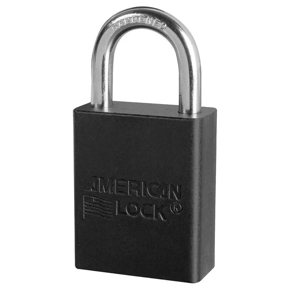 American Lock A1105BLK Black Anodized Aluminum Safety Padlock, 1-1/2" Body, 1" Tall 1/4" Diameter Shackle, Keyed Different