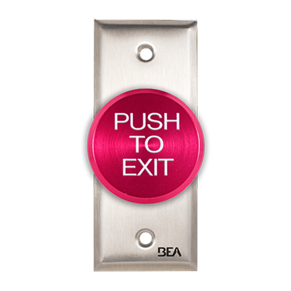 BEA 10ACPBDA1 Pneumatic Push Button, Jamb plate, oversized 2" Red button, "Push to Exit" text, 2.5 AMP 12 to 24 V AC/DC