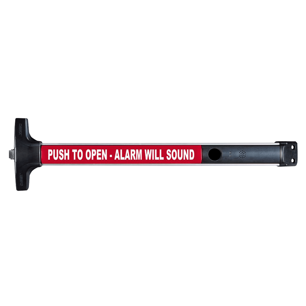 Detex V4008BN EB CD 628 99 48 Value Series Wide Stile Rim Exit Device, with Classroom Lever Trim, Cylinder Dogging, 99 Surface Strike, Battery Operated Alarm Less Cylinder, 48" Device, Satin Aluminum Clear Anodized Finish
