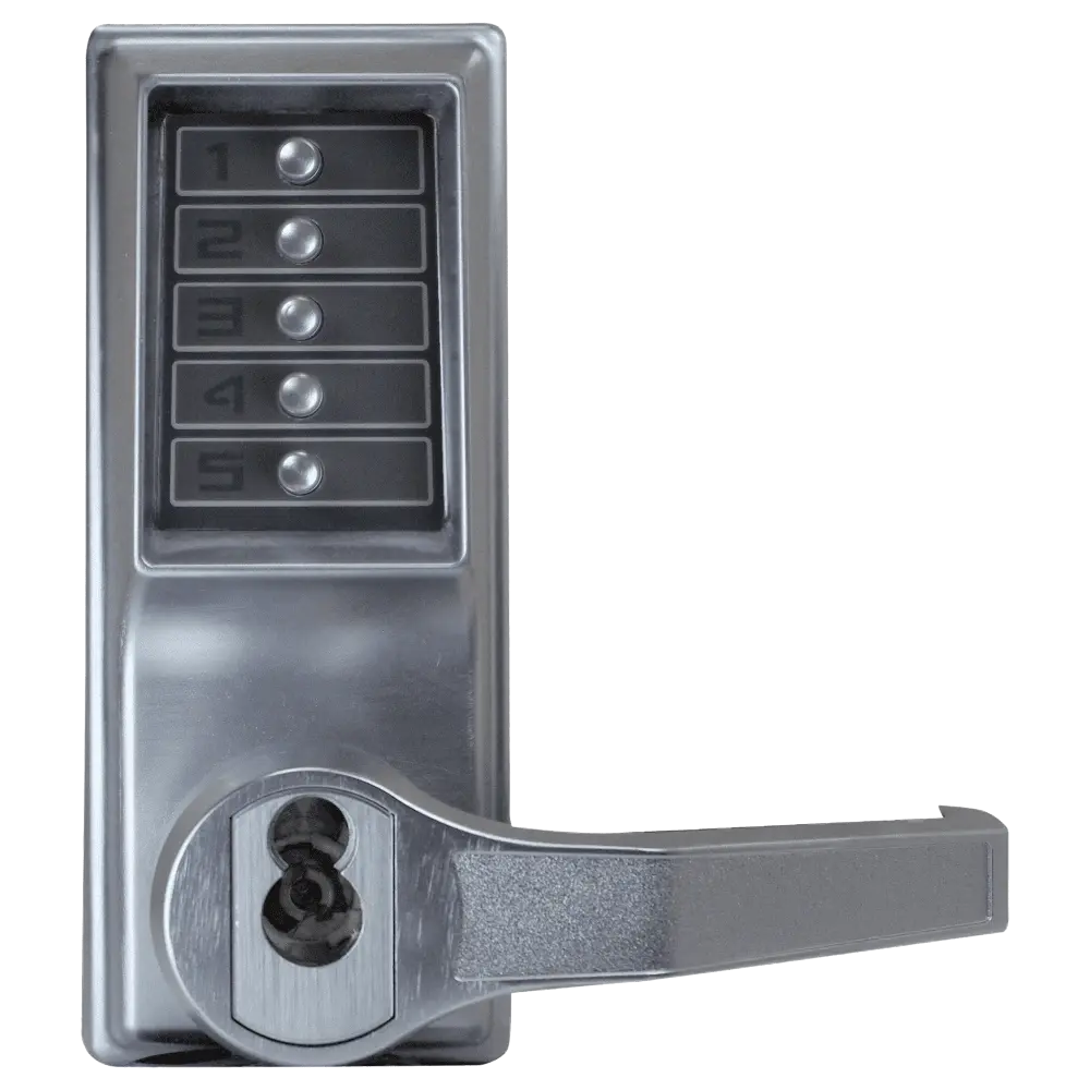 DormaKaba LR1021M-26D-41 Pushbutton Cylindrical Lever Lock, Combination Entry Function with Key Override, 2-3/4" Backset, 1/2" Throw Latch, Medeco/Yale/ASSA/Abloy LFIC Prep, Less Core, Satin Chrome Finish, Right Hand/Right Hand Reverse