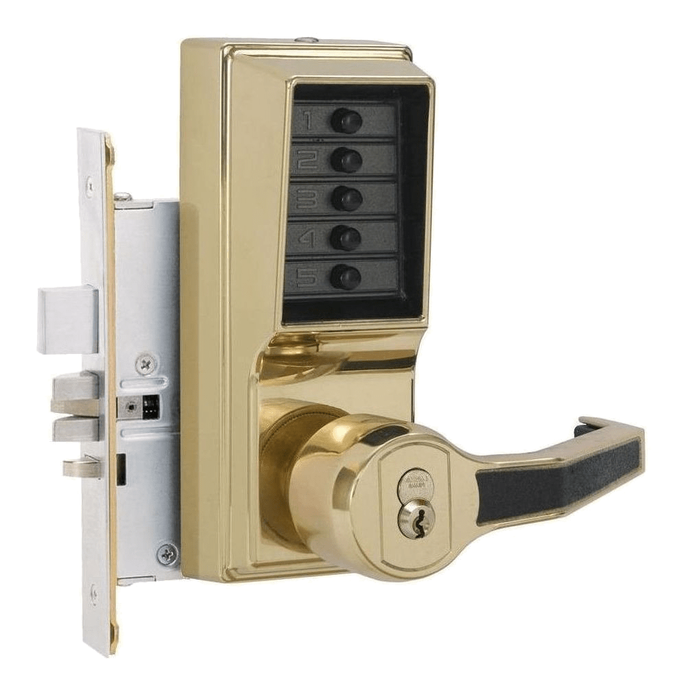 DormaKaba R8148B-03-41 Mortise Combination Lever Lock, Key Override, Passage, Lockout, with Deadbolt, 6/7-Pin SFIC Prep, Less Core, Bright Brass